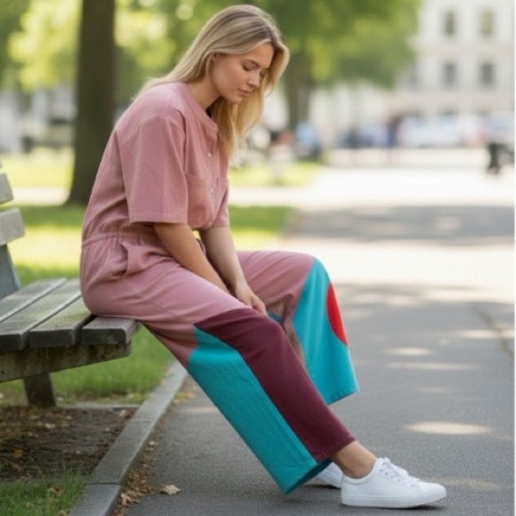 The Kit Pants - The Kit Issa Colorblock Jumpsuit in Pink/Multi - Size L - 100% Cotton